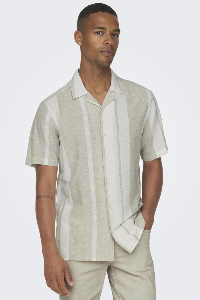 ONSCAIDEN SS STRIPE LINEN RESORT NO 22026109 VINTAGE KHAKI